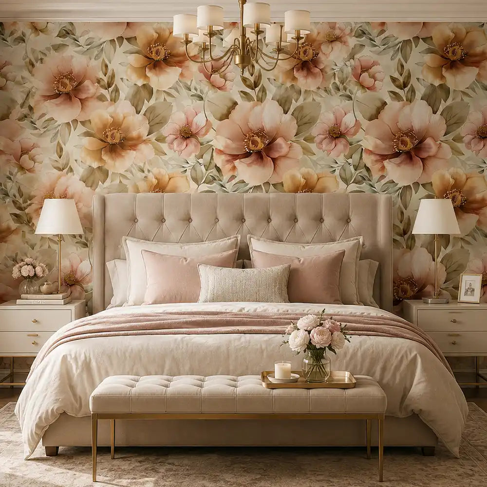 Meadow floral wallpaper in living room, delicate blush botanical accent wall view