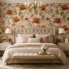 Meadow floral wallpaper in living room, delicate blush botanical accent wall view