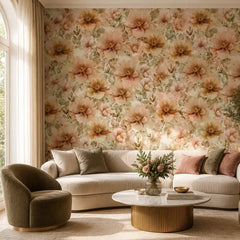 Blush floral peel-and-stick wallpaper sample showing pastel wildflower pattern scale