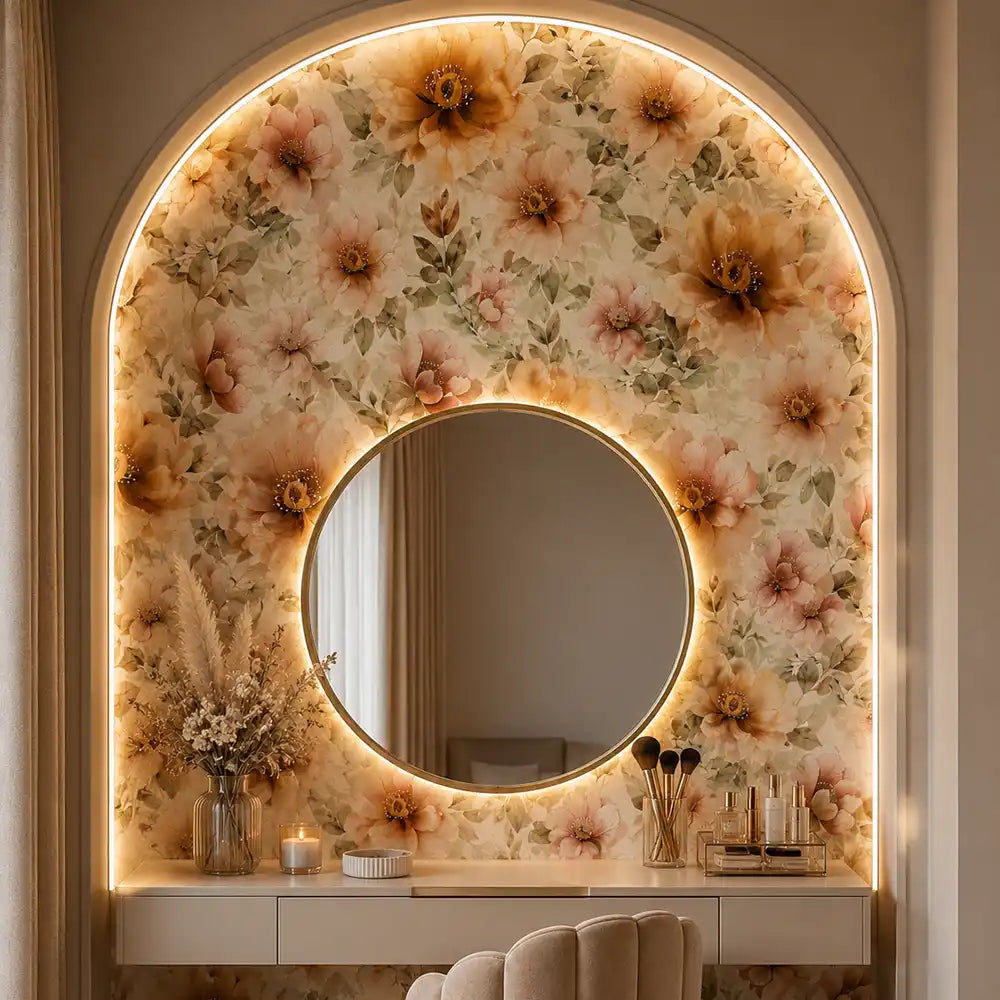 Blush meadow floral wallpaper close-up with wildflower and meadow blossom detail