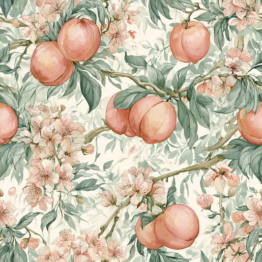 Blush peach blossom wallpaper design with ripe peaches and sage leaves on cream