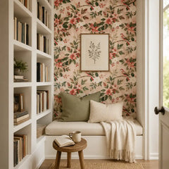 Blush songbird wallpaper close-up showing perching bird on blossom branch detail