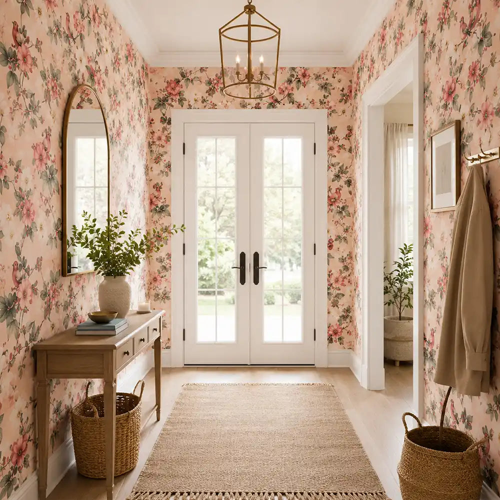 Full wall view of blush songbird wallpaper in living room, elegant floral accent wall