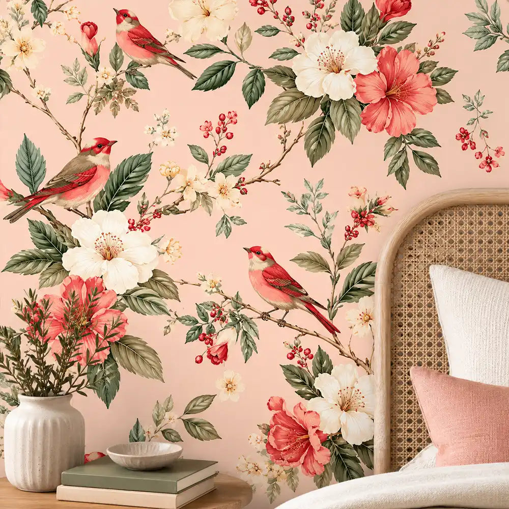 Removable blush floral bird wallpaper lifestyle view, soft romantic bedroom interior
