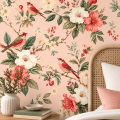 Removable blush floral bird wallpaper lifestyle view, soft romantic bedroom interior
