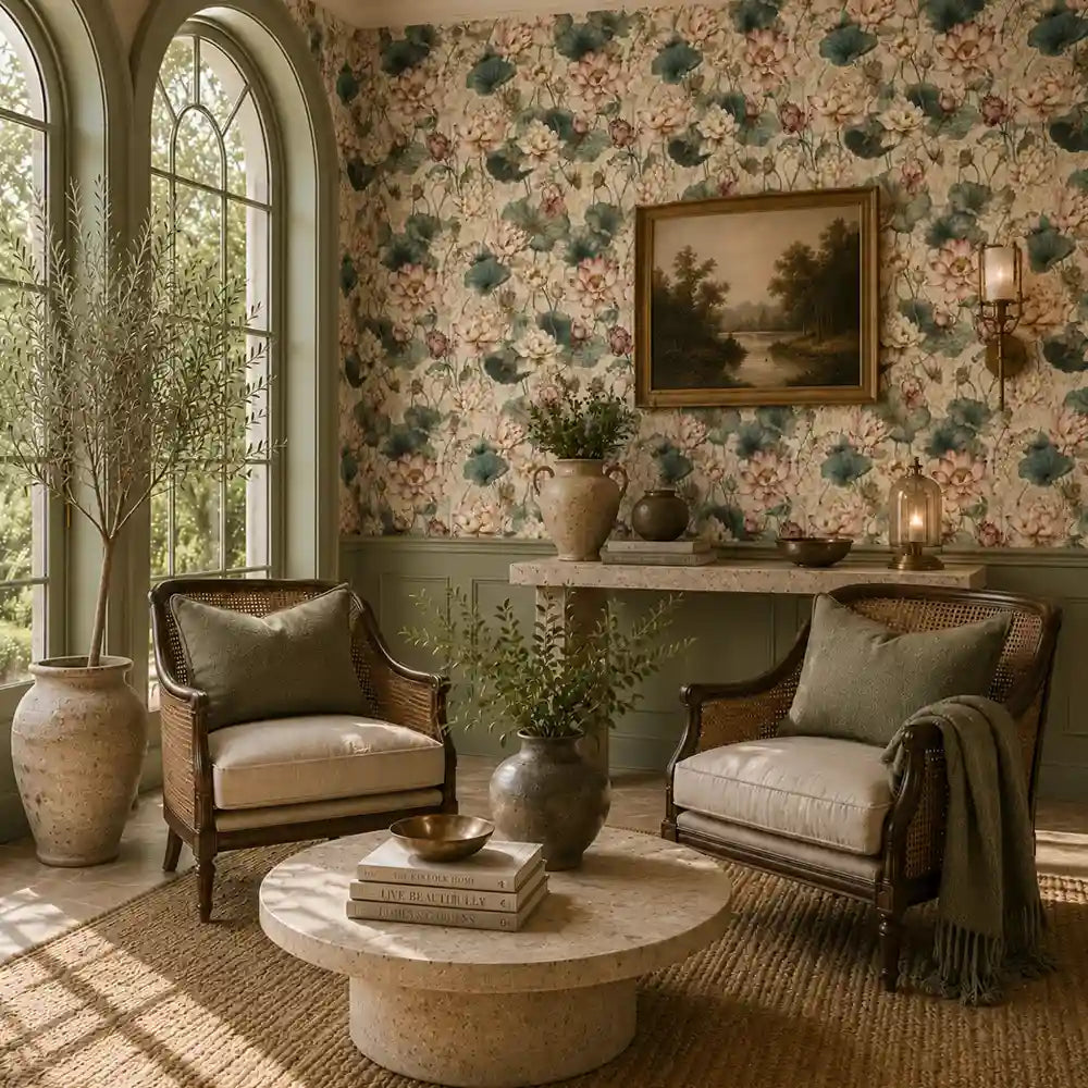Full panel of blush water lily garden wallpaper covering a feature wall.