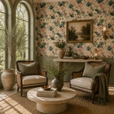 Full panel of blush water lily garden wallpaper covering a feature wall.