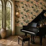 Pattern detail of blush water lily garden wallpaper showing petals and pads.