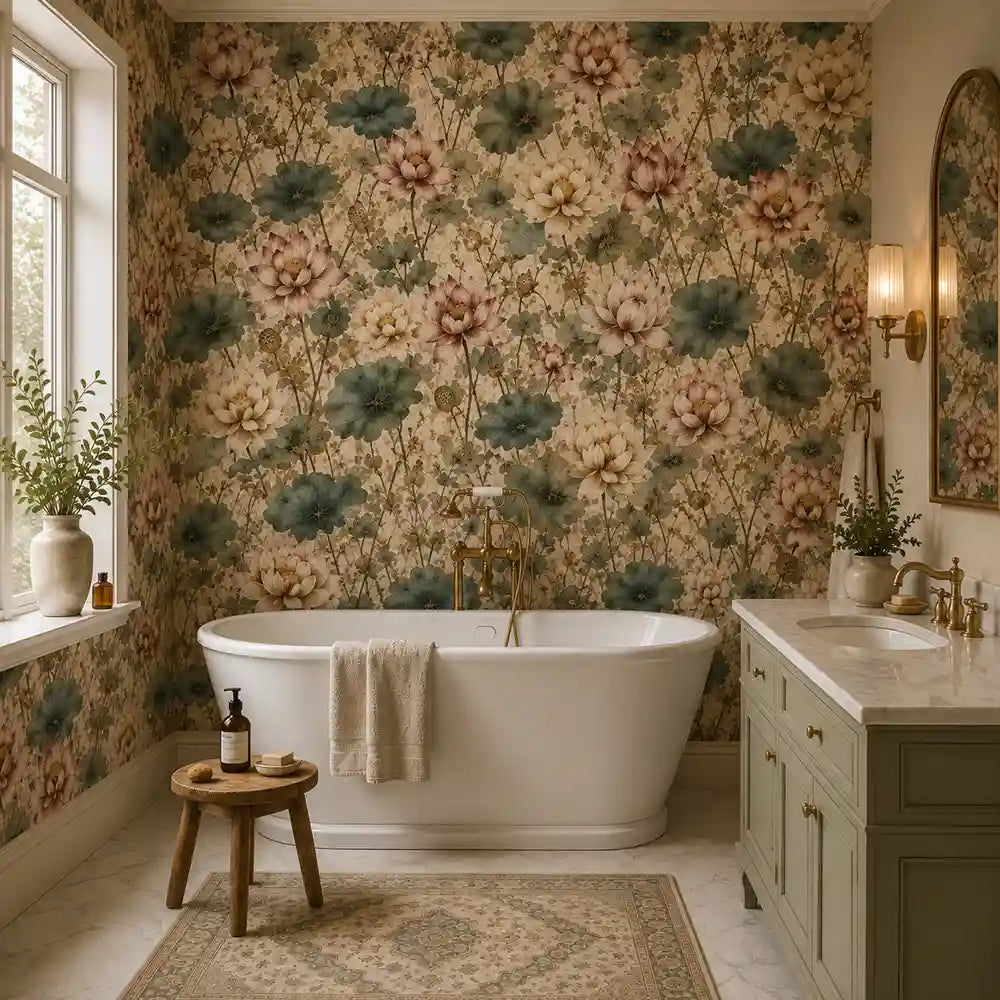 Roll sample of blush water lily garden wallpaper showing width and finish.