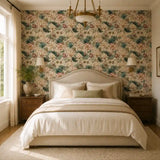 Texture close up of blush water lily garden wallpaper with a matte surface.