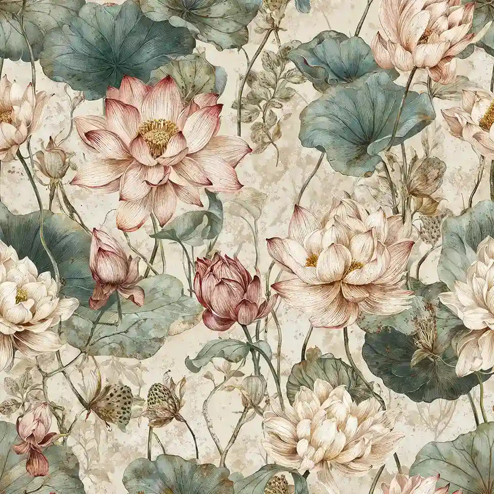 Blush water lily garden wallpaper with painted lily pads for serene rooms.
