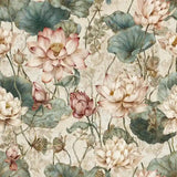 Blush water lily garden wallpaper with painted lily pads for serene rooms.