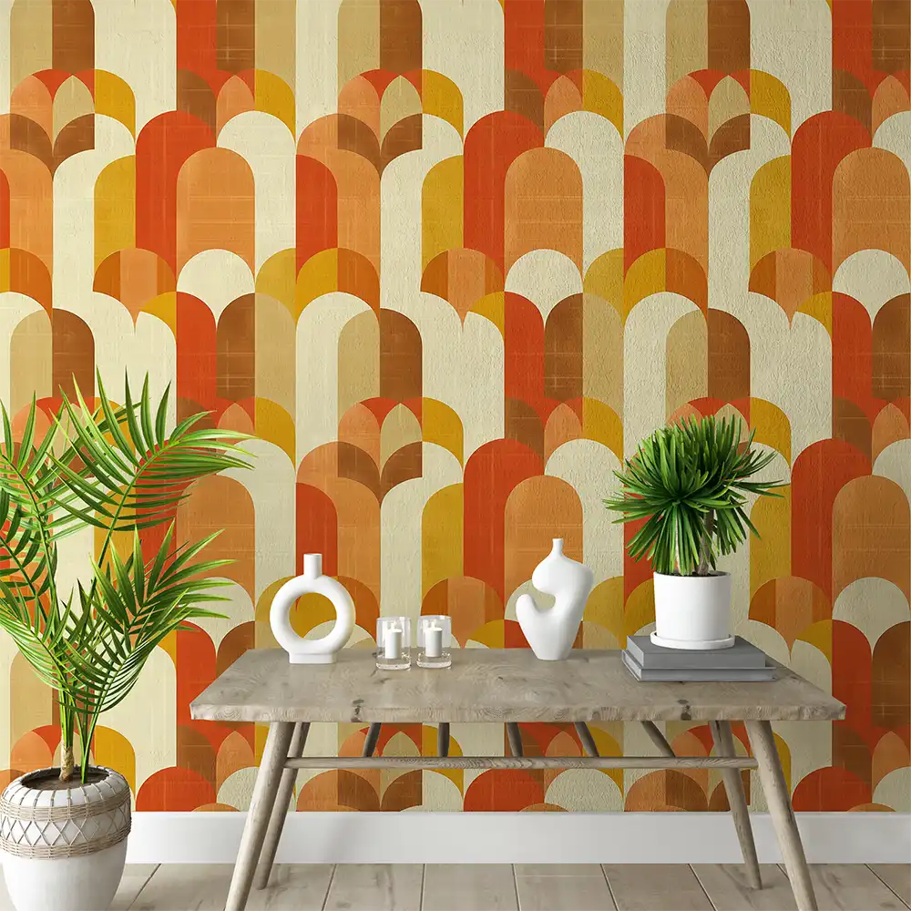Bold Retro Orange and Mustard Geometric Wall Mural ideas for home decor.