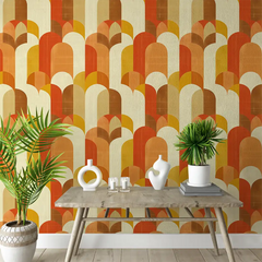 Bold Retro Orange and Mustard Geometric Wall Mural ideas for home decor.