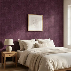 Warm beige linen wallpaper with botanical branches, minimalist Scandinavian bedroom