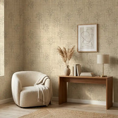 Natural linen botanical peel-and-stick wallpaper installed in home office setting