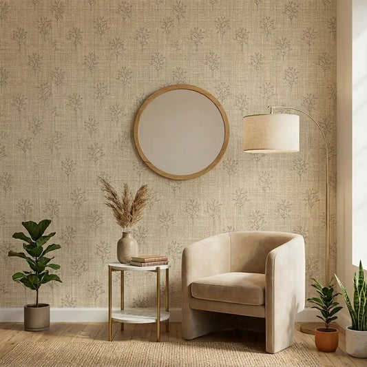 Botanical linen wallpaper in sage green, earthy textured design for living room walls