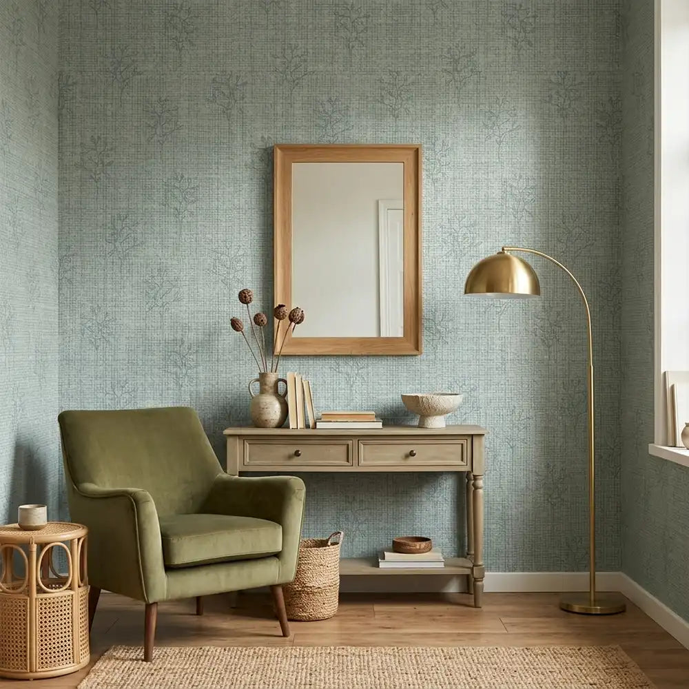 Botanical linen wallpaper scale reference with furniture, cozy reading nook setting