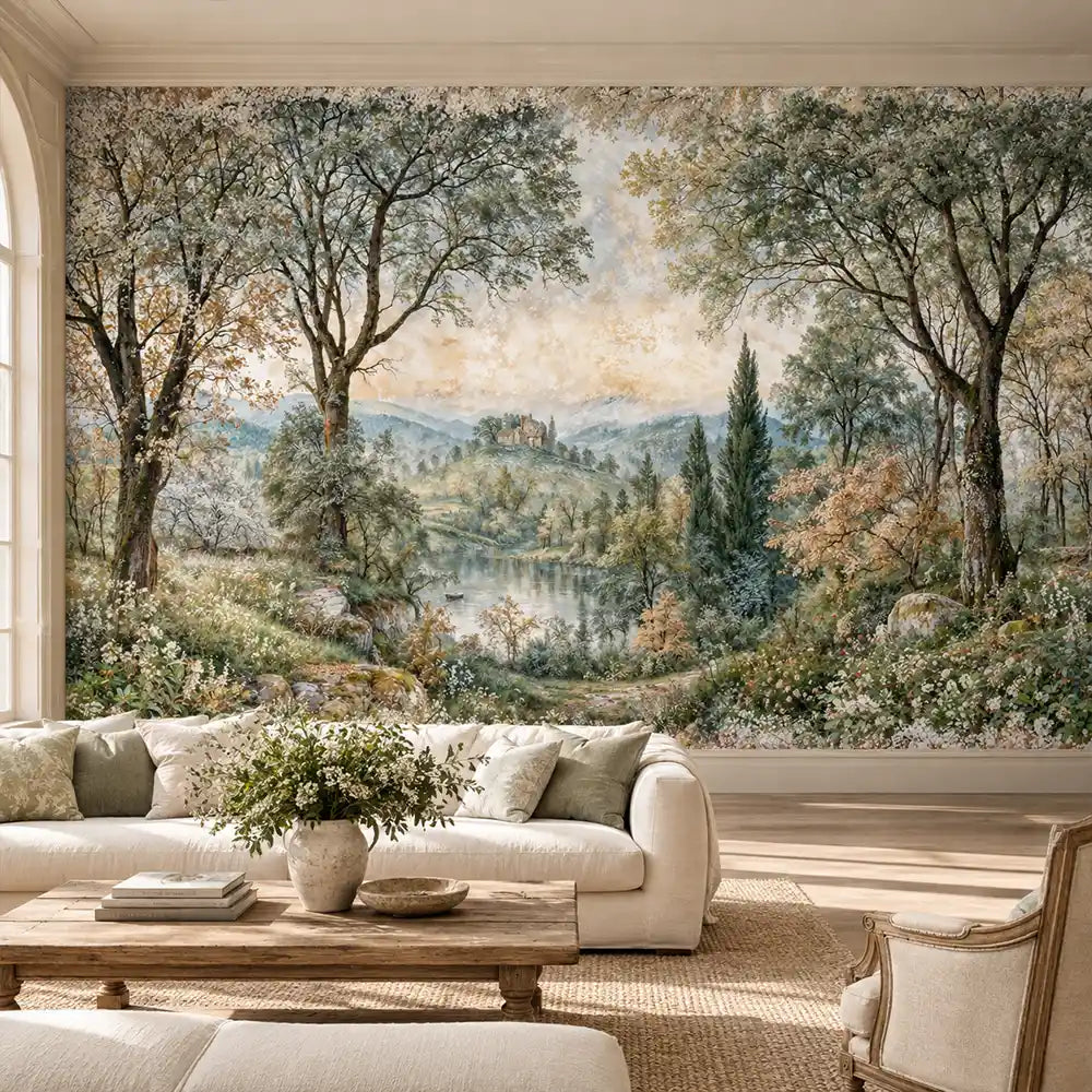 Botanical pastoral landscape wall mural with olive trees and lake in a living room