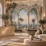 Boutique hotel lobby lounge with a large weathered Italian arches fresco mural