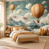 Boys bedroom accent wall with hot air balloons and biplanes peel and stick mural