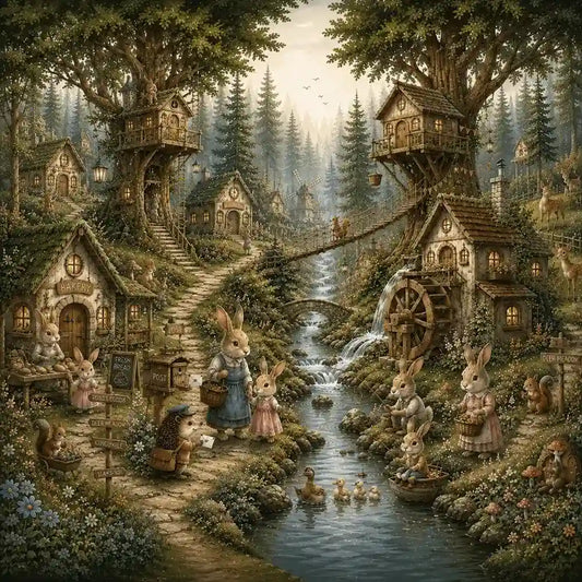 Woodland bunny village mural design with treehouses, watermill and forest stream
