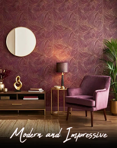 Burgundy and gold textured wallpaper in a moody modern living room with a mauve velvet armchair