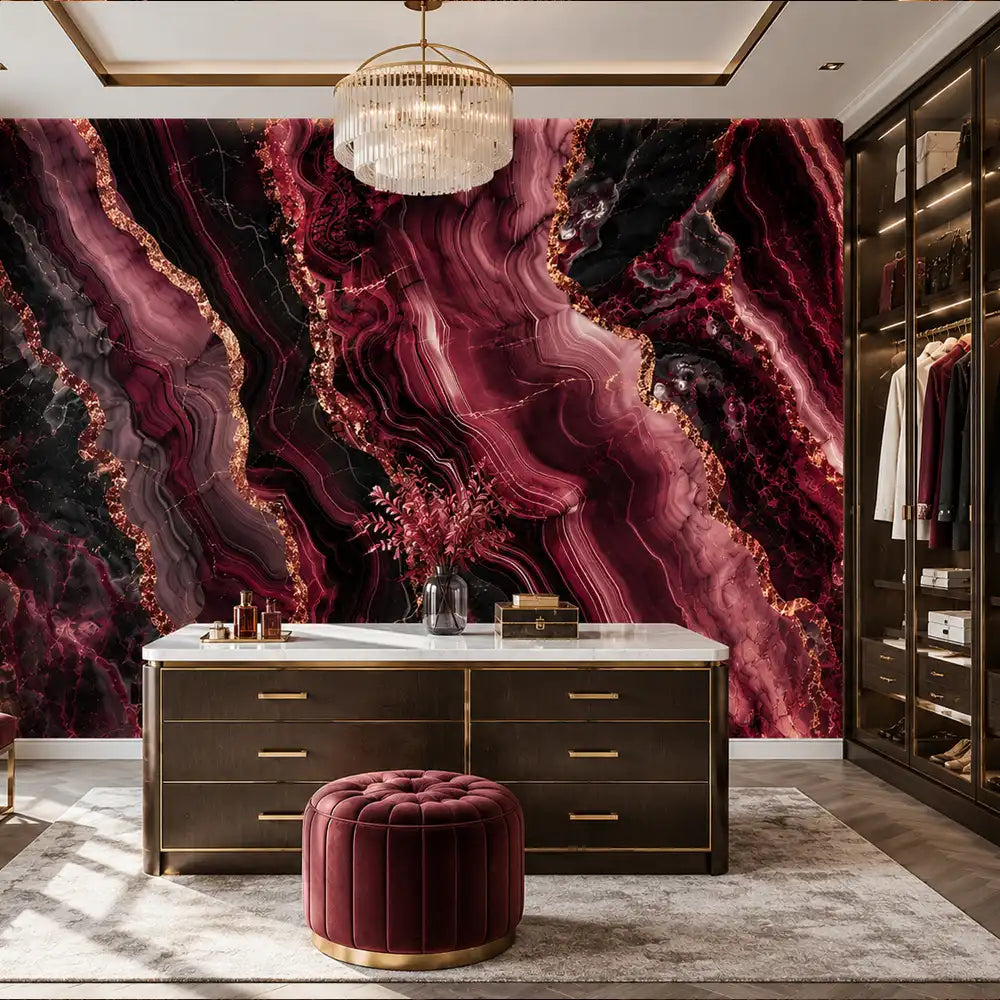 Dark agate mural styling in dining room, dramatic burgundy and black statement wall
