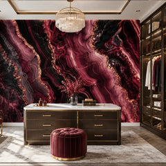 Dark agate mural styling in dining room, dramatic burgundy and black statement wall