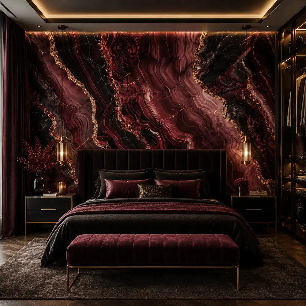 Luxury dark agate peel-and-stick mural in living room, rich jewel-tone accent wall