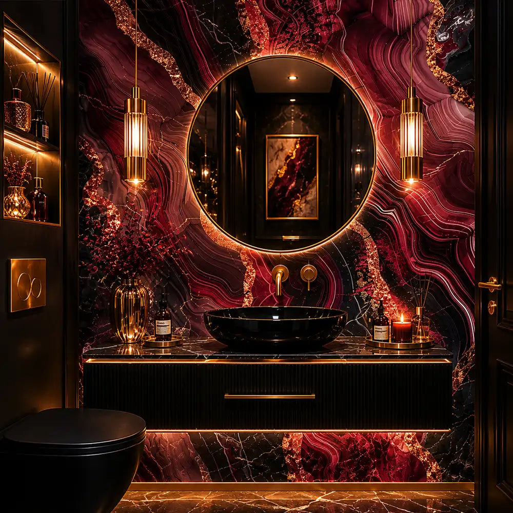 Burgundy agate removable wall mural sample showing stone texture and print quality