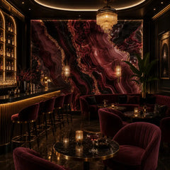 Agate mural close-up detail with burgundy swirls and dark mineral crystalline pattern