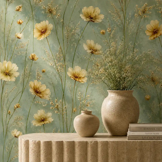 Buttercup meadow wallpaper styled behind a decor stand with vases and books