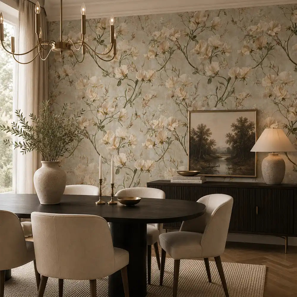 Buy ivory sweet pea garden wallpaper in a peel and stick finish today.