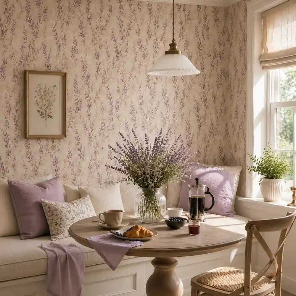 Buy lavender meadow botanical wallpaper online from Wall Decor Design.
