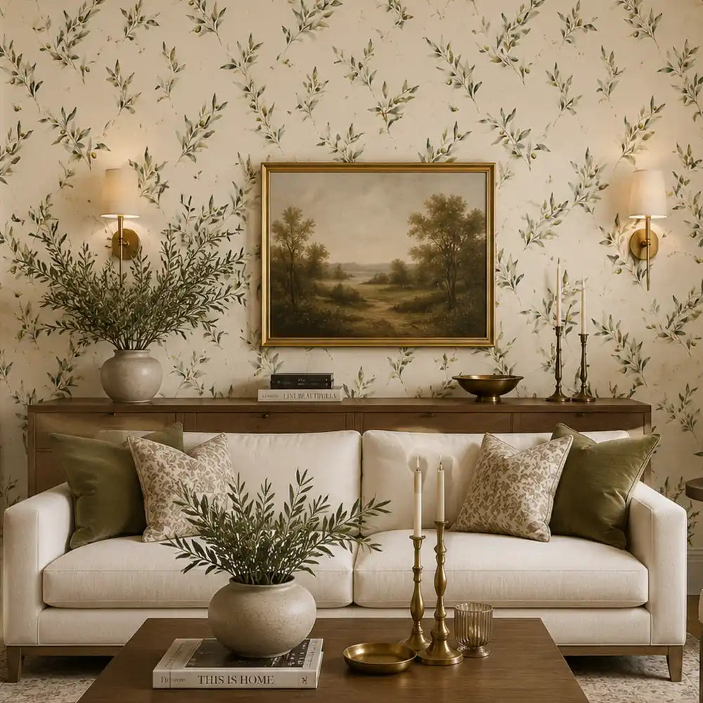 Buy olive branch watercolor wallpaper in an easy peel and stick finish.