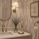 Calming lavender meadow botanical wallpaper used on a quiet bedroom wall.