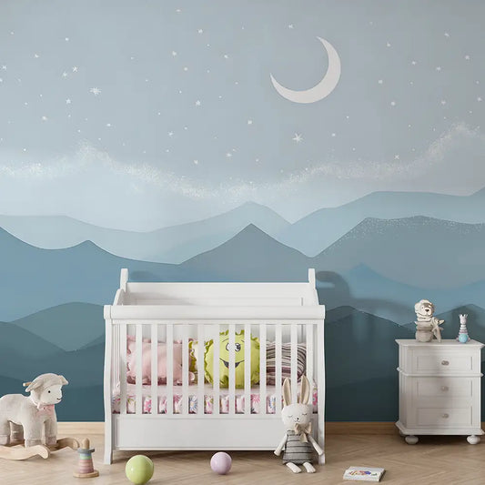 Soft Blue Night Mountain Wallpaper – Calm Peel-and-Stick Bedroom Kids Room Design