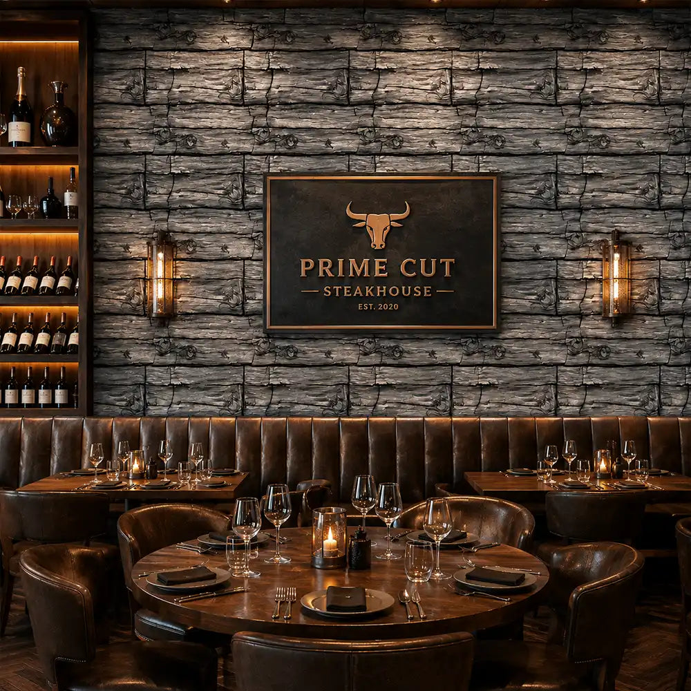 Full panel of charcoal timber wall wallpaper across a wide feature wall.