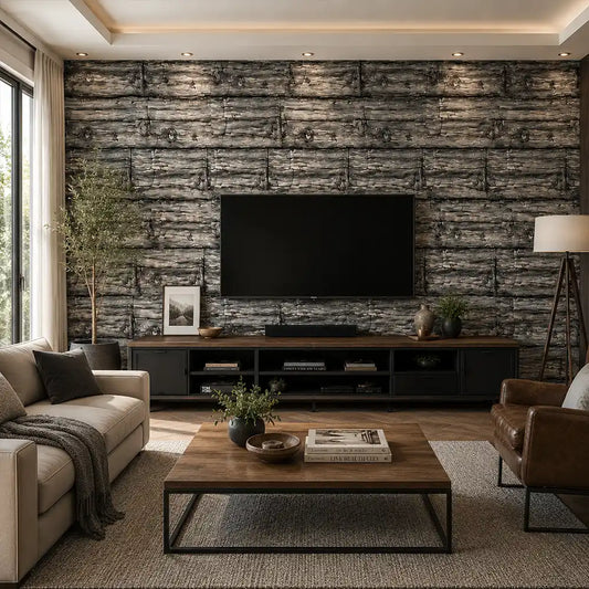 Plank detail of charcoal timber wall wallpaper showing grain and joint lines.