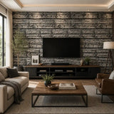 Plank detail of charcoal timber wall wallpaper showing grain and joint lines.