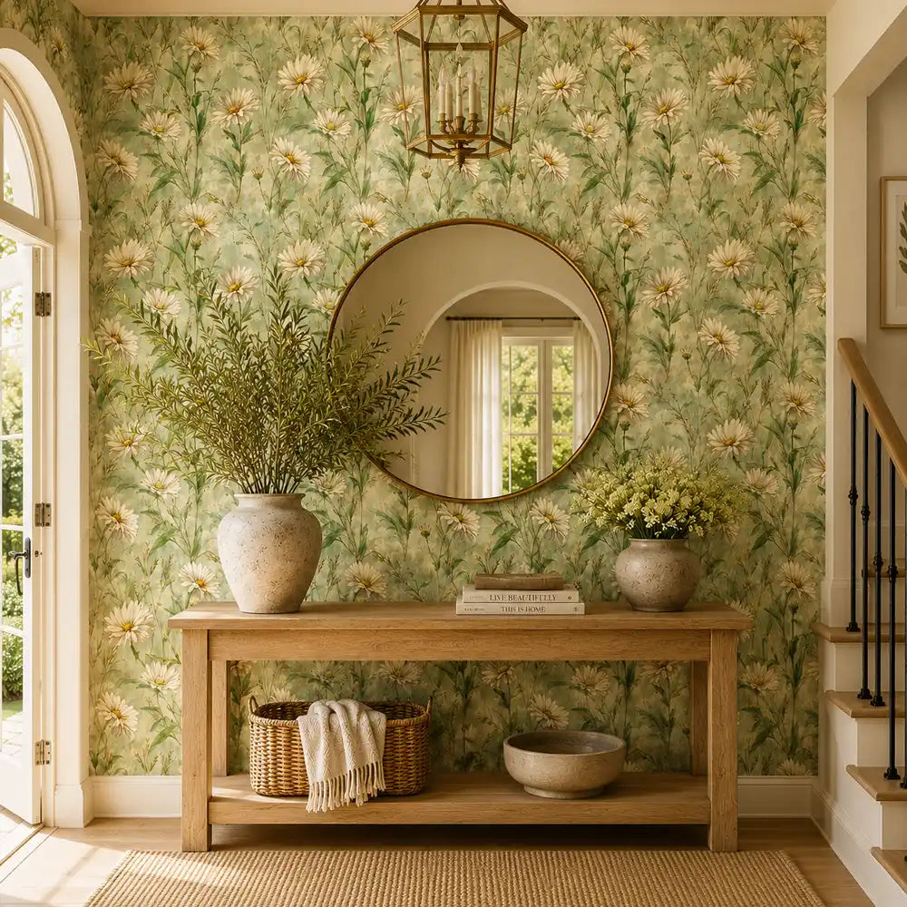 Cheerful meadow daisy wallpaper styled as a living room accent wall.