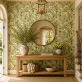 Cheerful meadow daisy wallpaper styled as a living room accent wall.