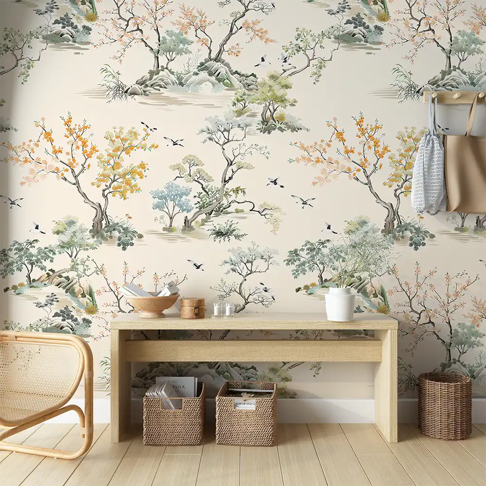Chinoiserie Landscape Wallpaper to add elegance to your living room.