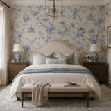 Classic blue chinoiserie garden wallpaper used on a dining room wall.