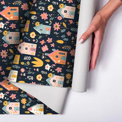 Colorful houses and floral kids room nursery wallpaper creates joyful spaces.