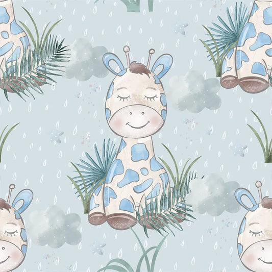 Comfortable baby giraffe rainy jungle kids room nursery wallpaper feels soft.