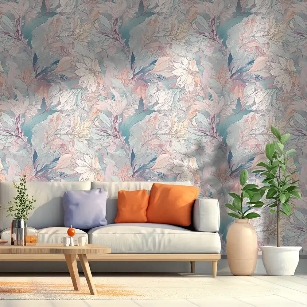 Comfortable botanical bloom soft pastel floral wallpaper softens room ambiance.
