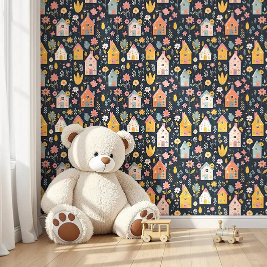 Comfortable colorful houses and floral kids room nursery wallpaper suits kids.