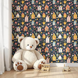 Comfortable colorful houses and floral kids room nursery wallpaper suits kids.